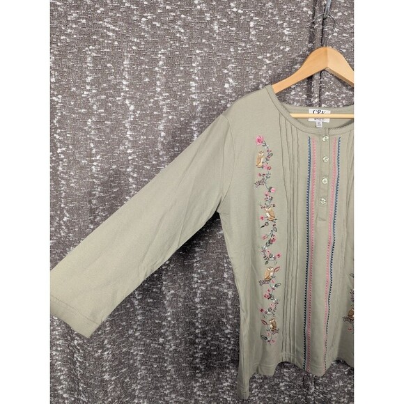 C&K Designs Embroidered Owls Pintuck Green Top Cottagecore Popover Style Sz M - Picture 3 of 8